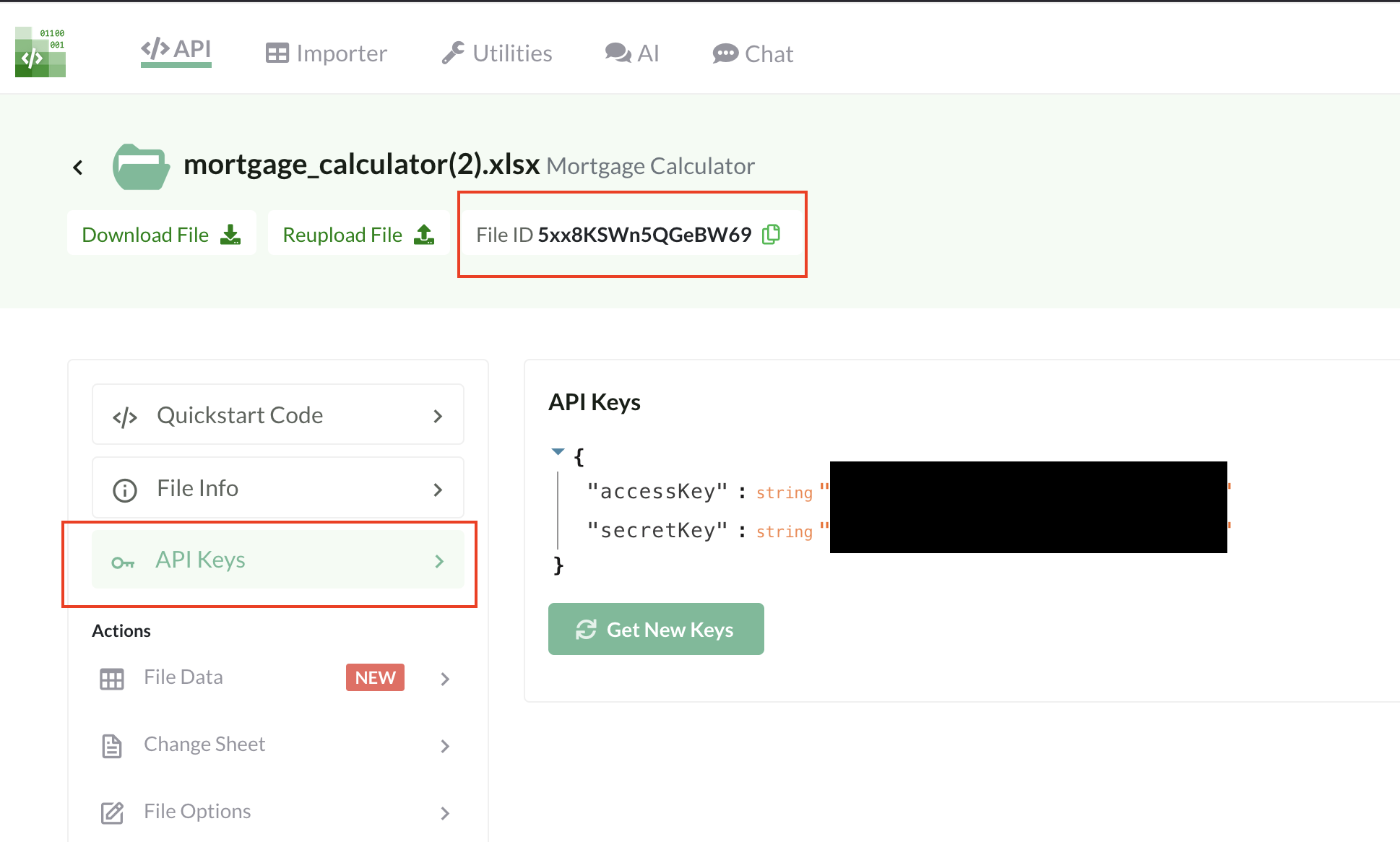 Copy File ID, File Access Key & File Secret Key