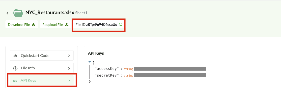 Files → Select a file → Copy File ID, File Access Key & File Secret Key