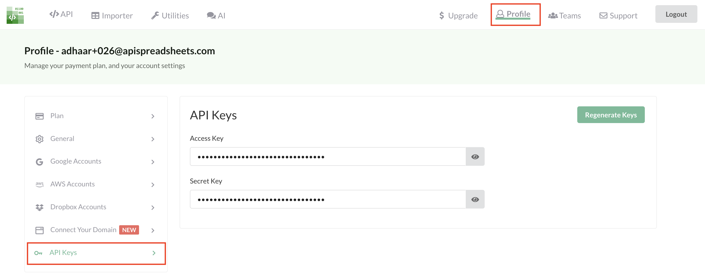 Dashboard → API Keys (Account Access Key & Secret Key)