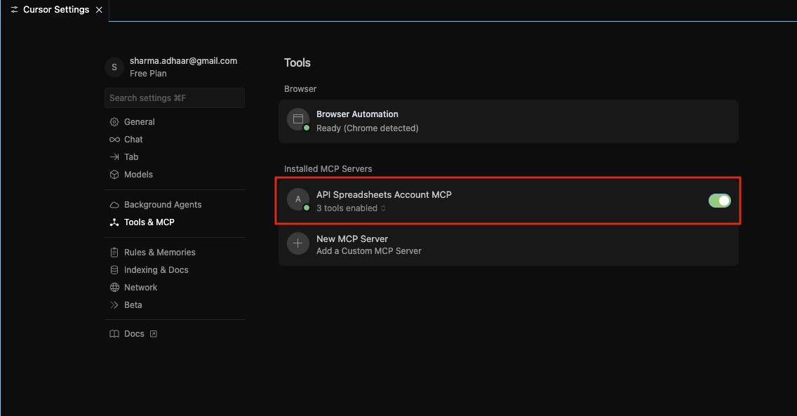 MCP is enabled and toggled on