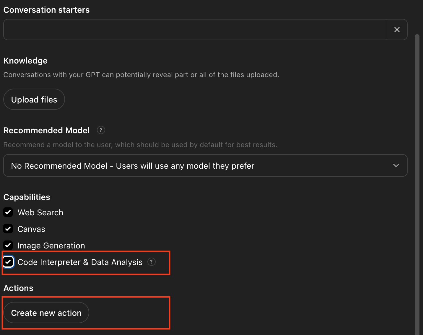 Check Code Interpreter and click Create new action