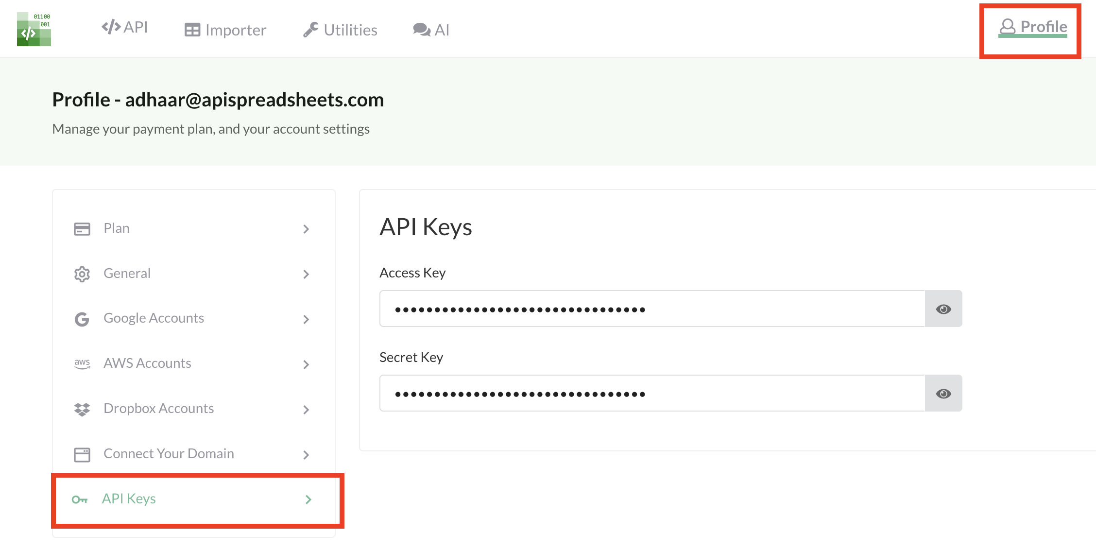 Dashboard → API Keys (Account Access Key & Secret Key)